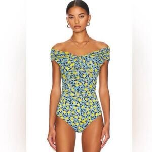 Diane Von Furstenberg Blue Yellow Print Bodysuit M NWT $298